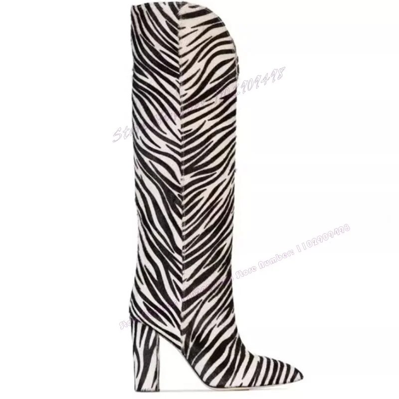 VCSHOES Mixed Color Suede Zebra Stripe Knee High Boots Pointed Toe Shoes For Women Chunky High Heels Shoes Zapatos Para Mujere