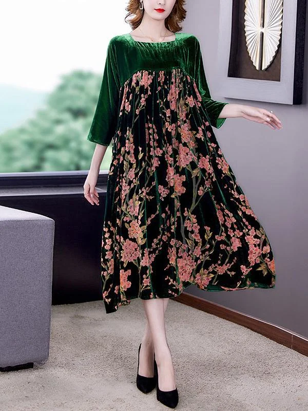 Pink flower women green velvet dress