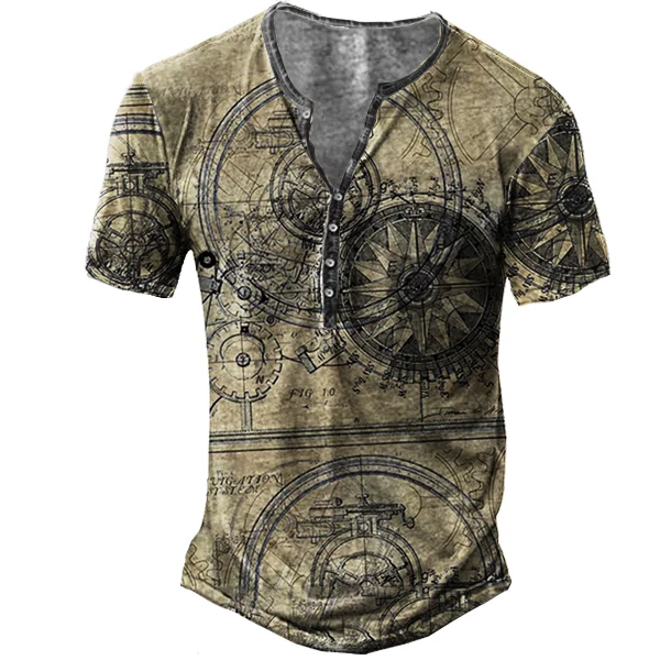 Auto Wheel II Men's Outdoor Nautical Compass Print Henley Short Sleeve T-shirt