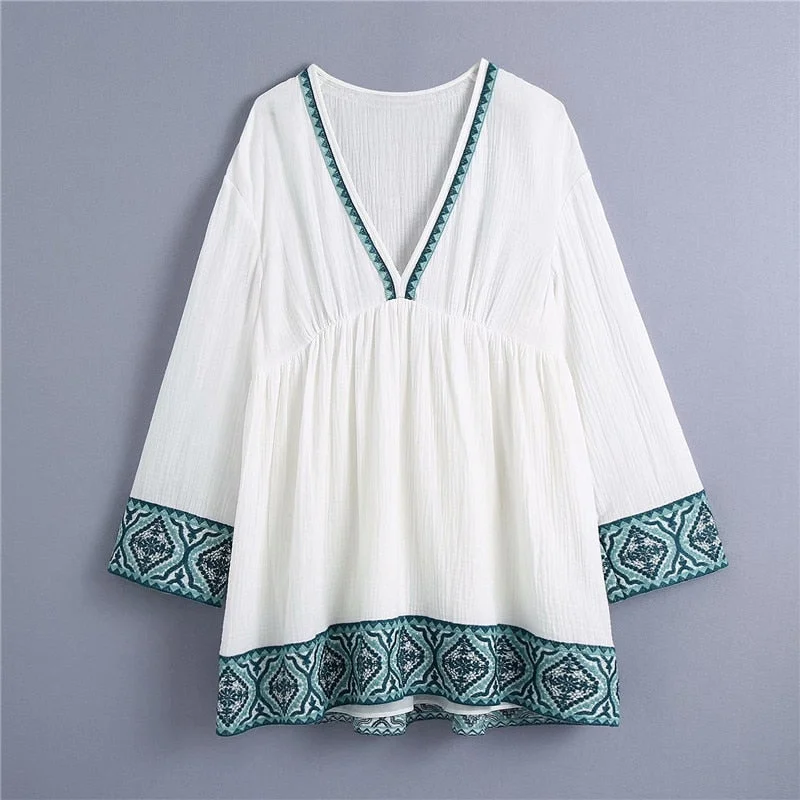 Women Textured Mini Embroidery Dress Za 2021 Patchwork Long Puff Sleeve Vintage Loose Summer Dress Female Pleated White Dresses