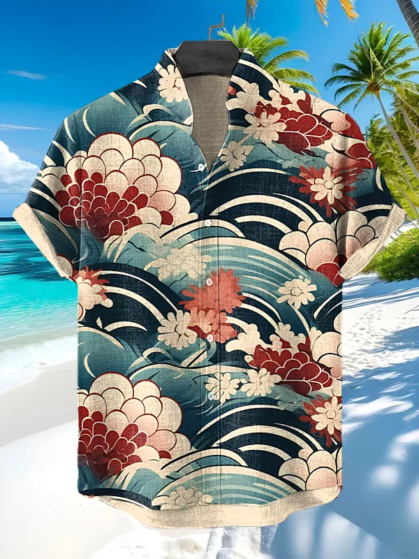 Men's Japanese Art Floral Sea Waves Pattern Vacation Shirt