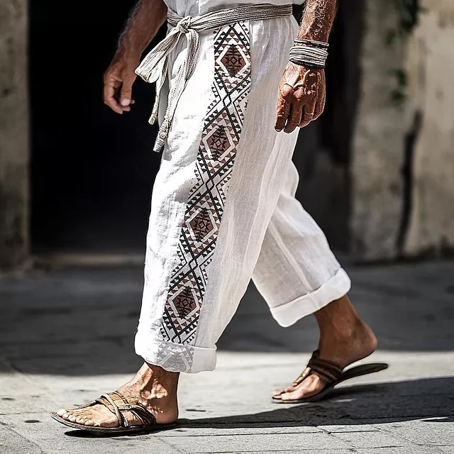 Men's Ethnic Graphic Art Linen Blend Wide Leg Pants
