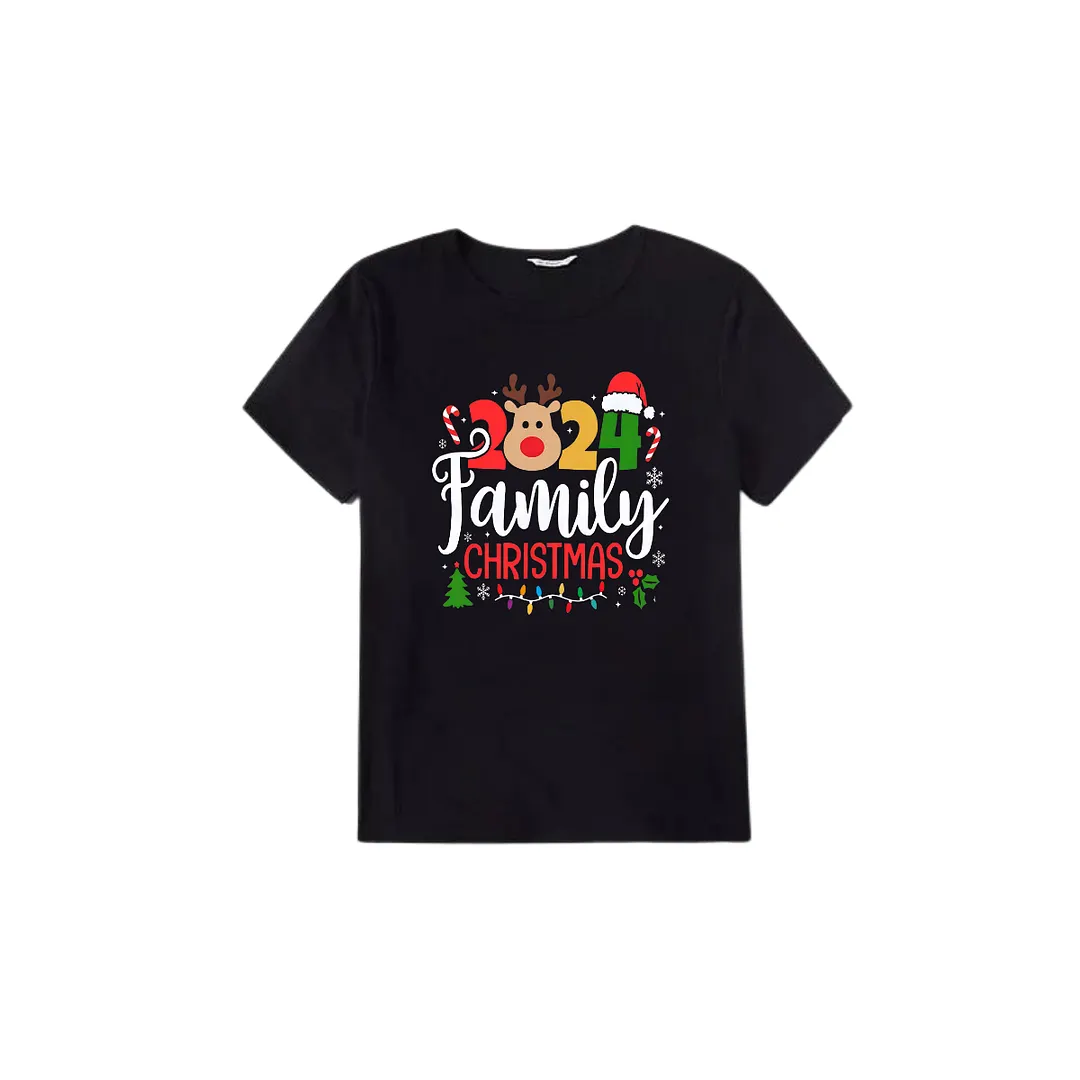"Family Christmas 2024" Text and Deer Prints Black Short Sleeve with Red & Black Plaid Pant Family Matching Pajamas
