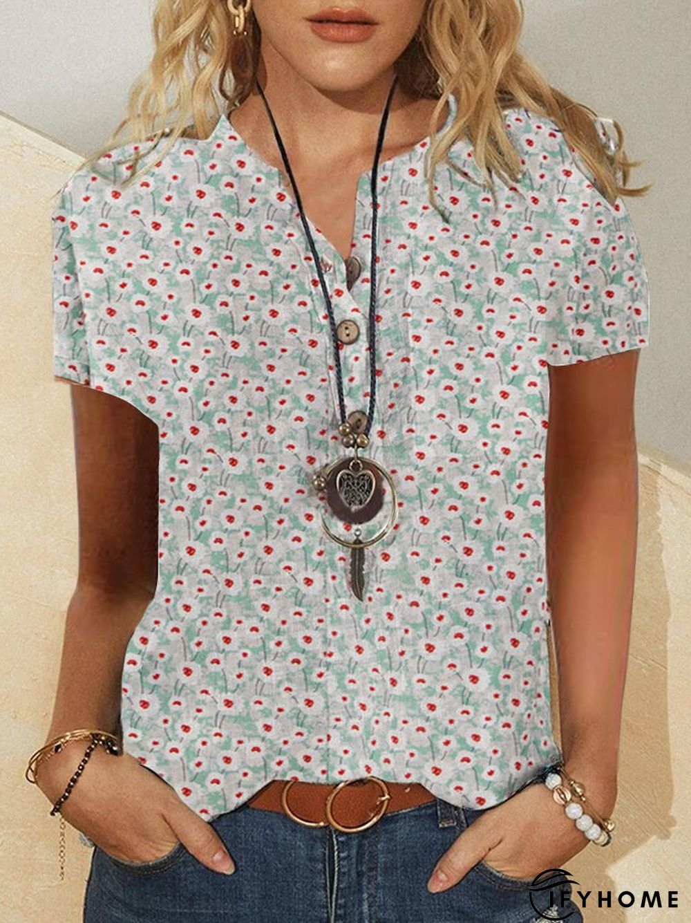 Casual Shirt Collar Short Sleeve Floral Blouse | IFYHOME