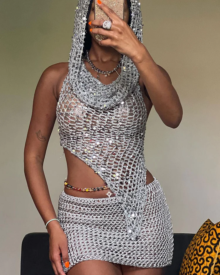 Sexy Crocheted Hooded Tank Top and Skirt Two-Piece Set