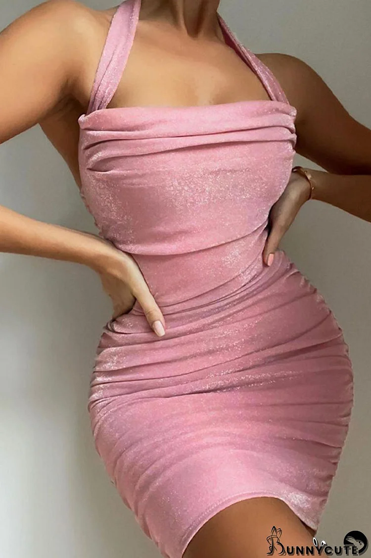 Pink Sexy Solid Patchwork Backless Fold Halter One Step Skirt Dresses