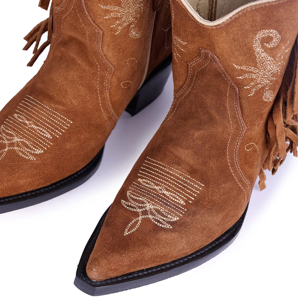 Brown Pointed Toe Scorpion Embroidery Chunky Heel Fringe Cowgirl Boots