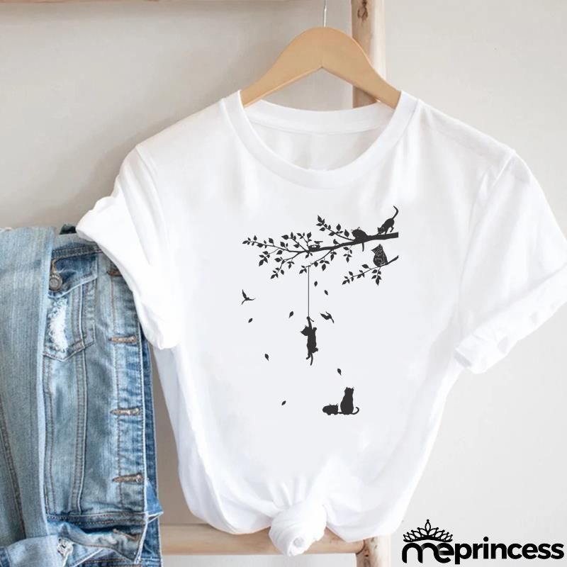 Women Loose Simple Cartoon Cat Footprint Print Round Neck Short Sleeve T-Shirt