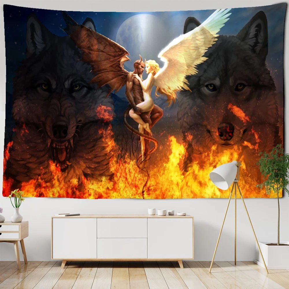 Snow Wolf Tapestry Wall Hanging Psychedelic Witchcraft Bohemian Mysterious Art Landscape Room Home Decor