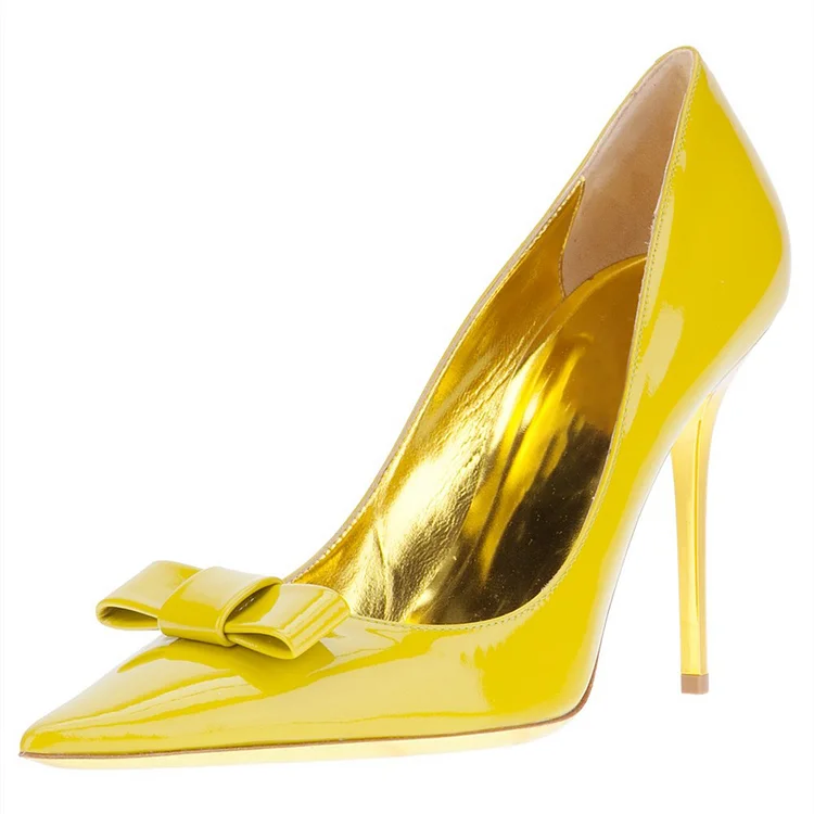 Yellow Bow Heels Pointy Toe Patent Leather Stiletto Heel Pumps |FSJ Shoes