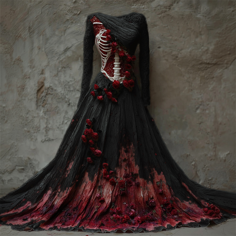 Halloween Bloody Red Roses Skeleton Lace Linen Maxi Dress artswardrobe