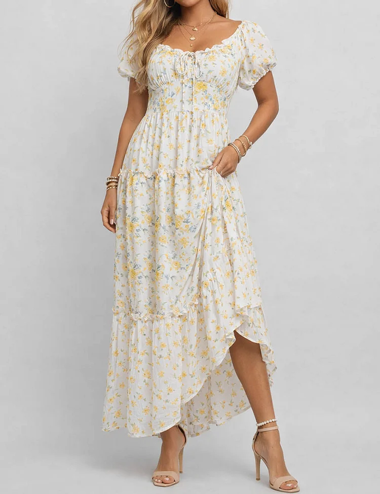 Ladies Floral Print Sweetheart Neck Puff Sleeves Maxi Dress