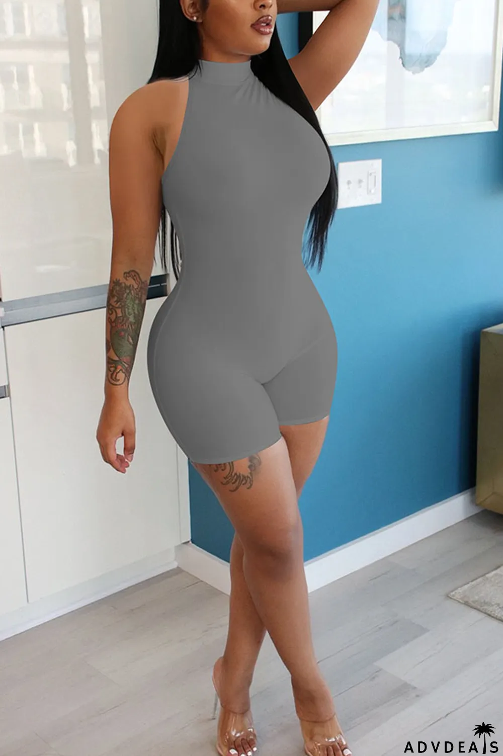 Grey Fashion street Solid Milk. Sleeveless O Neck Jumpsuits