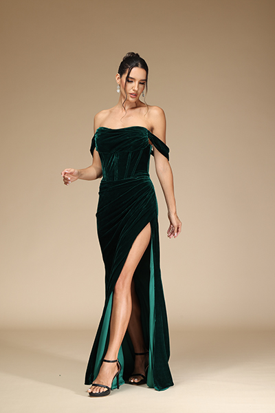 Oknass Gorgeous Dark Green Off the Shoulder Pleated Velvet Prom Dress with Split