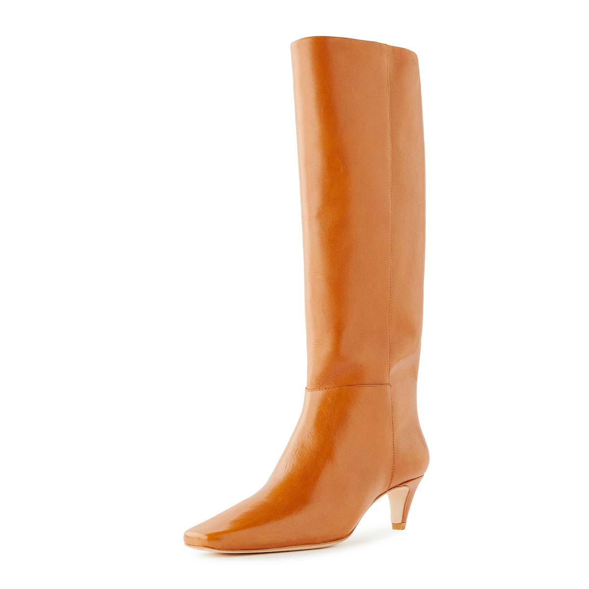 Vegan Leather Square Toe Kitten Heel Knee-High Tall Boots in Orange Nicepairs