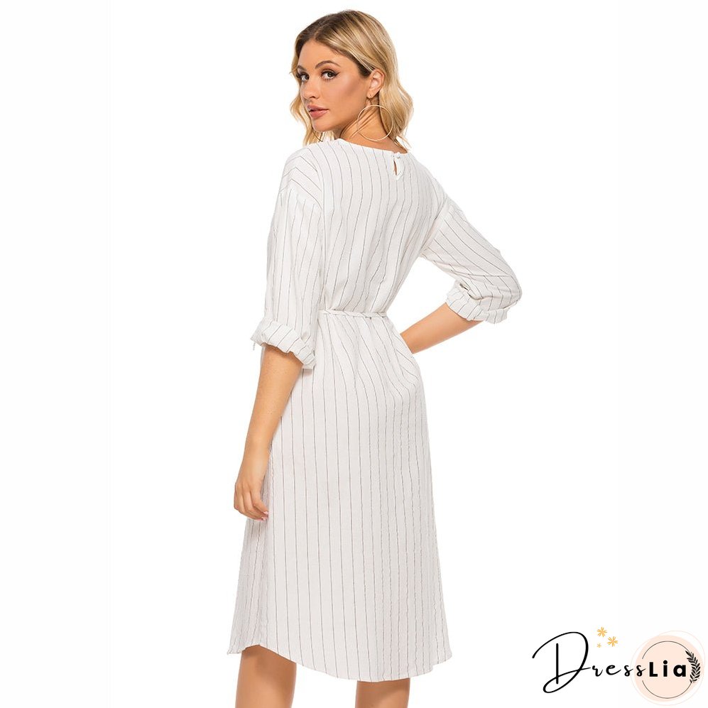 Pinstripe Tie Waist Round Neck Dress
