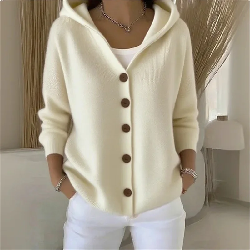 Athvotar Athvotar Knitted Hooded Sweater Button Open Shirt Jacket Autumn And Winter New Solid Color Casual Fashion Sweater