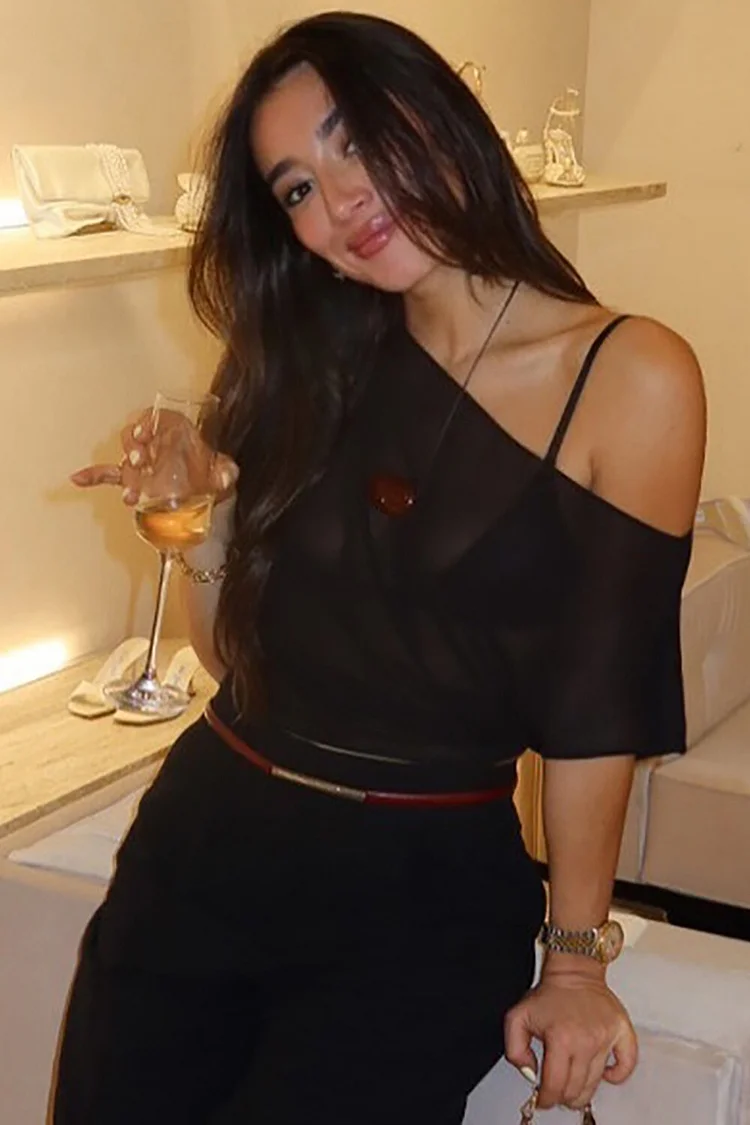 Off Shoulder Asymmetrical Sleeve See Through Crop Top-White