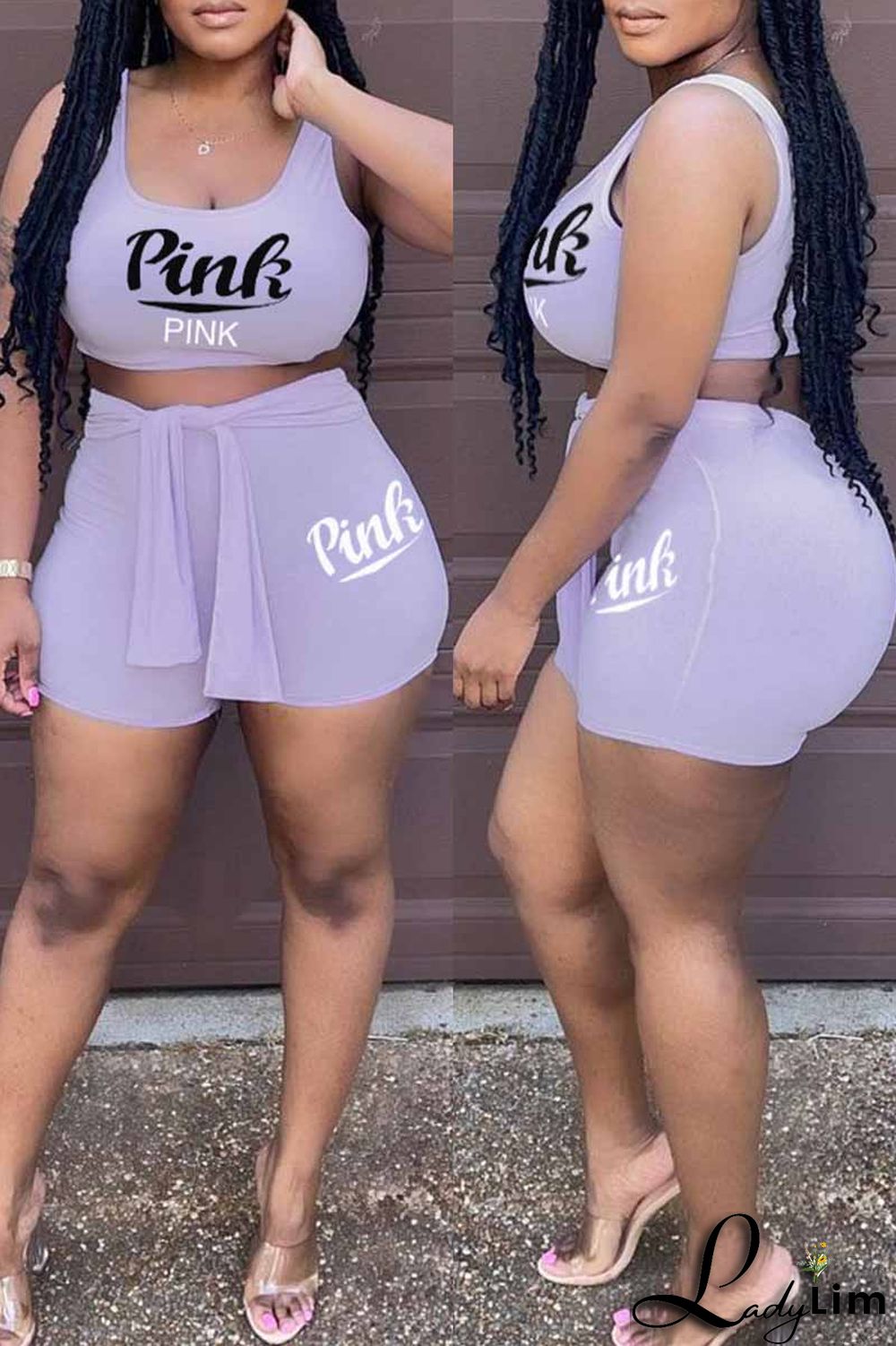 Light Purple Fashion Casual Letter Print Bandage U Neck Sleeveless Two Pieces