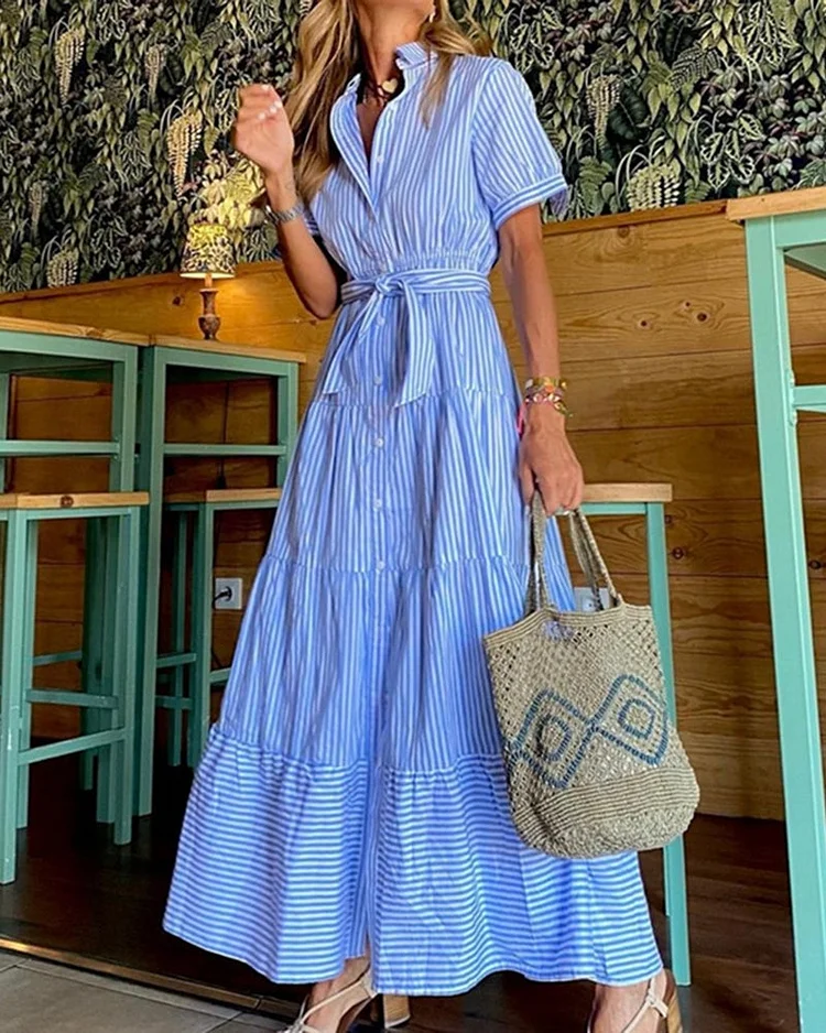Striped short sleeves loose mid length dress
