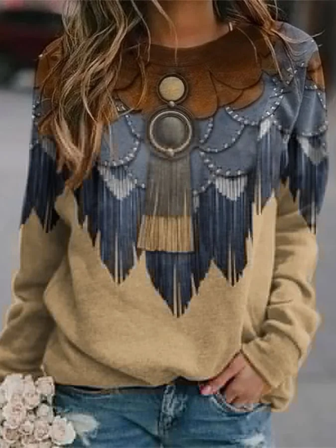 Vintage Western Fringe Print Long Sleeve Sweatshirt