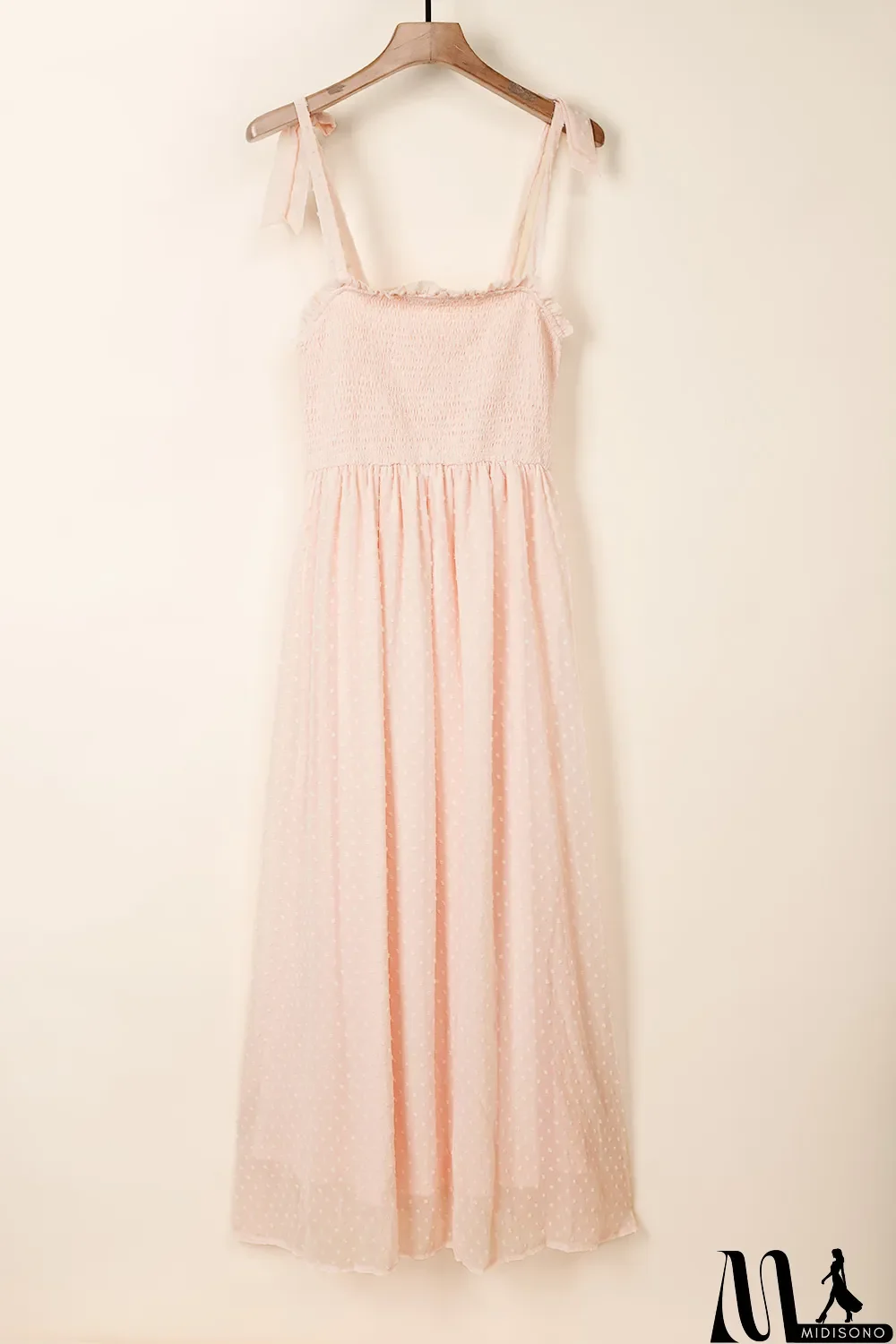 MidiSono - Beige Smocked Swiss Dot Maxi Dress