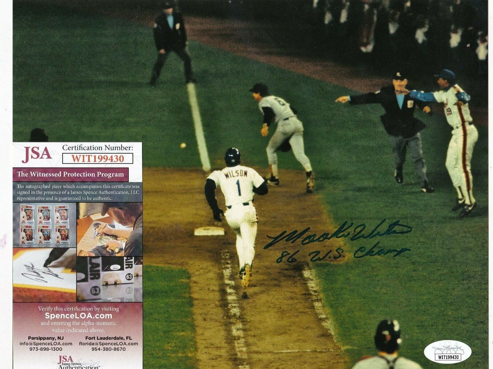 MOOKIE WILSON NEW YORK METS 1986 WS CHAMPS JSA AUTHENTICATED ACTION SIGNED 8x10