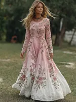 Women's Boho Floral Embroidered Floral V Neck Resort Maxi Dress