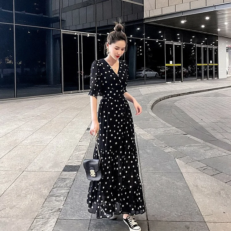 Vintage V-neck Dots Printed Lace-up Puff Sleeve Dress
