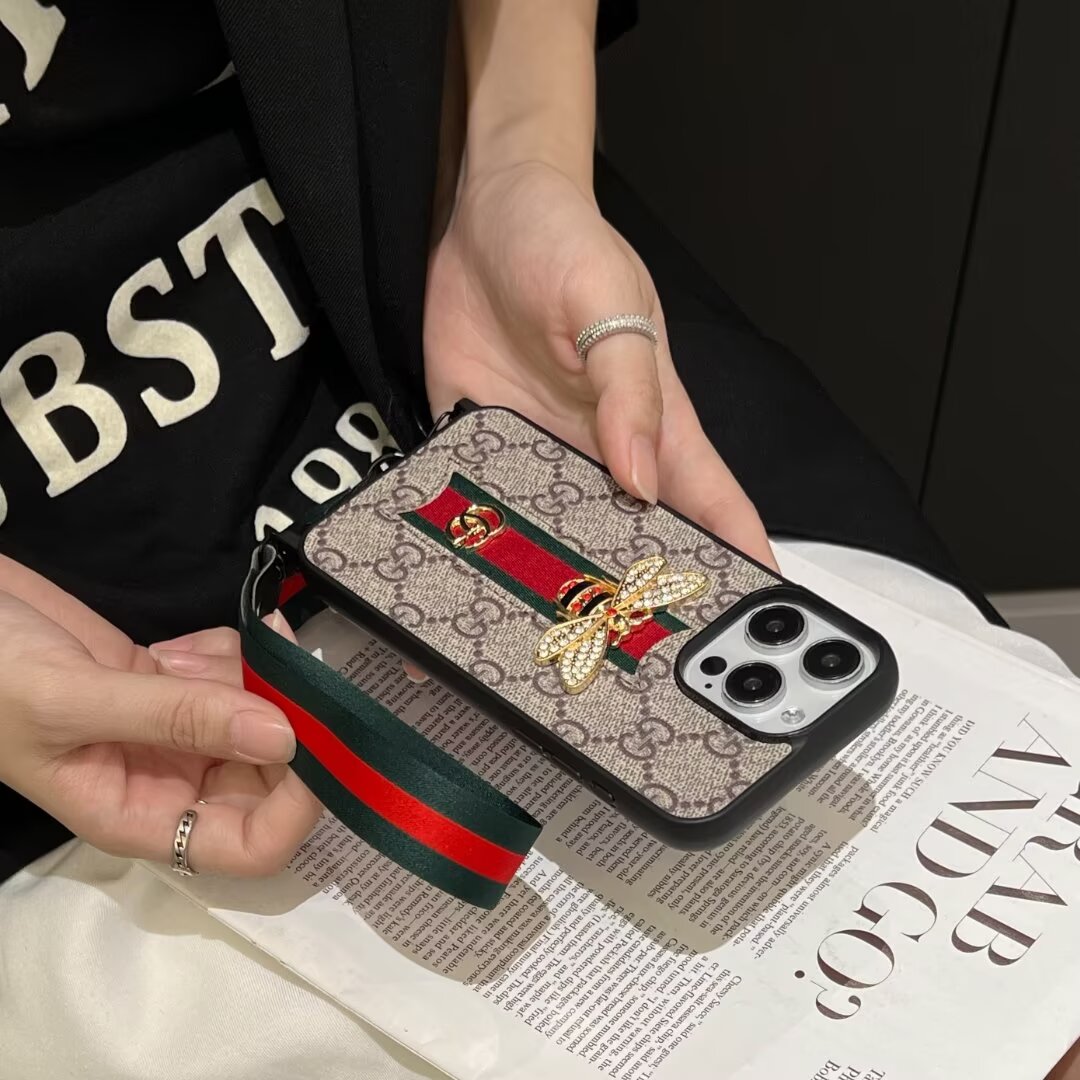 Gucci Ribbon Hand Rope 3D Bee Ophidia GG Apple iPhone16 ~11 Case Samsung Cover