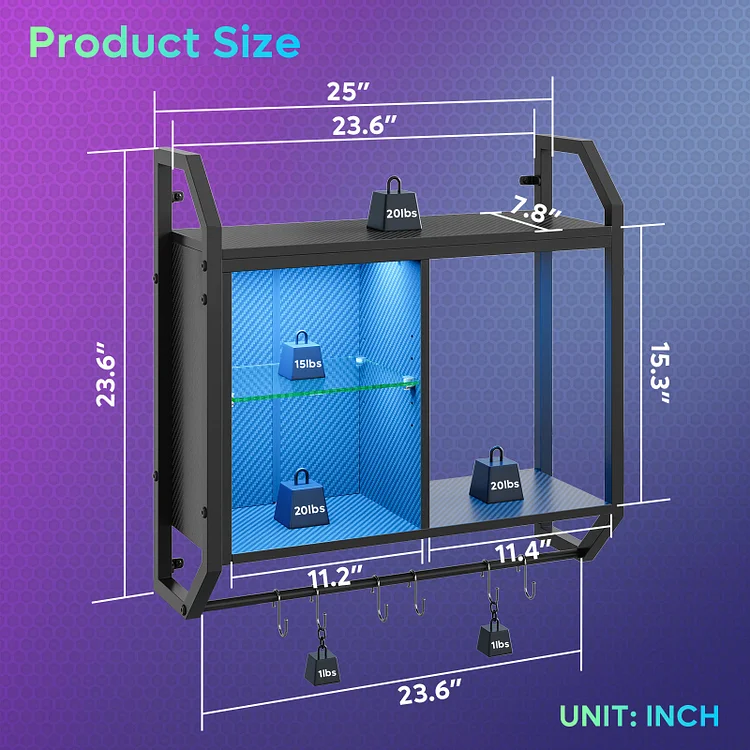 Bestier 25" Gaming Floating Shelves LED Wall Mounted Shelf with Adjustable Glass Shelf, Gaming Room Decor Wine Coffee Bar