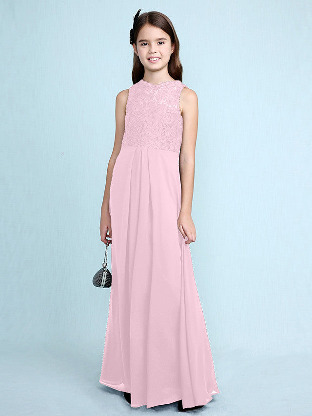 Sheath / Column Scoop Neck Floor Length Chiffon / Lace Junior Bridesmaid Dress With Lace / Natural
