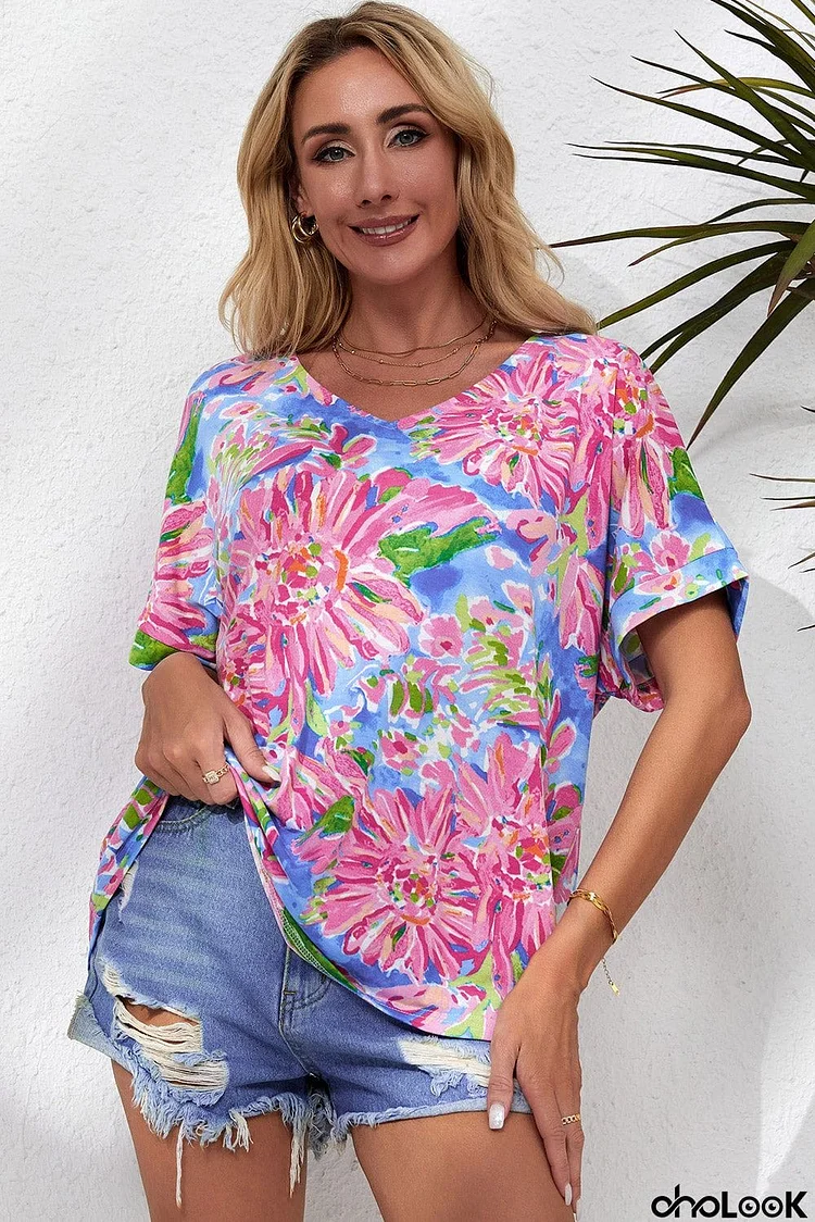 Floral V-Neck Short Sleeve Blouse