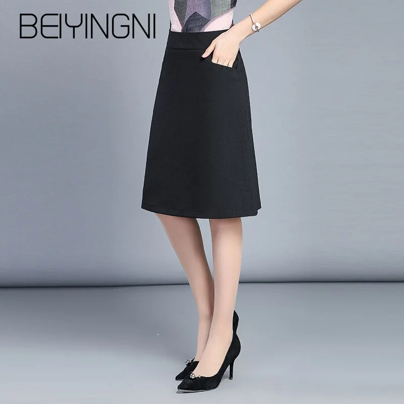 Beiyingni Plus Size Office Lady Skirts Black Pockets Elastic High Waist Skirt OL Korean Work Wear Midi Skirts Fashion Clothing