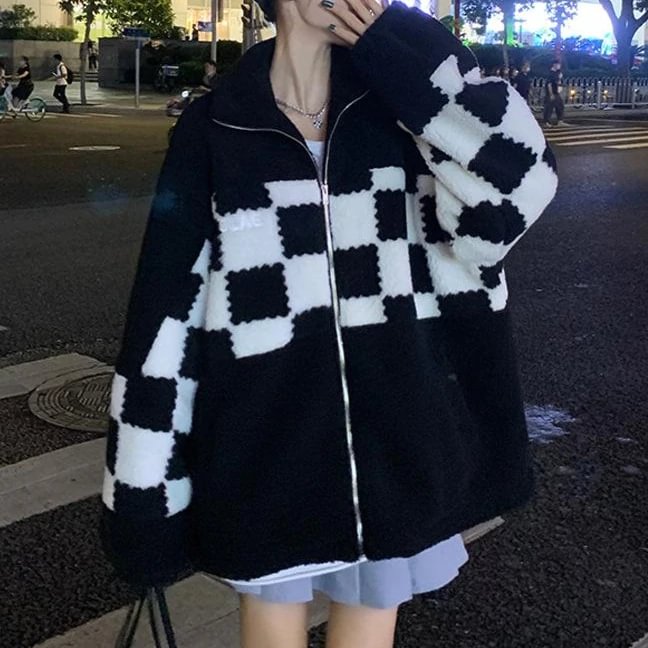 Imitation Lamb Wool Plaid Coat Female | EGEMISS