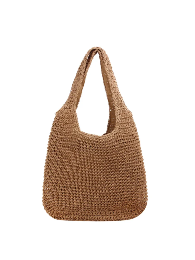 Women Boho Straw Handle Tote Fashion Rattan Handbag with Zipper for Summer Beach