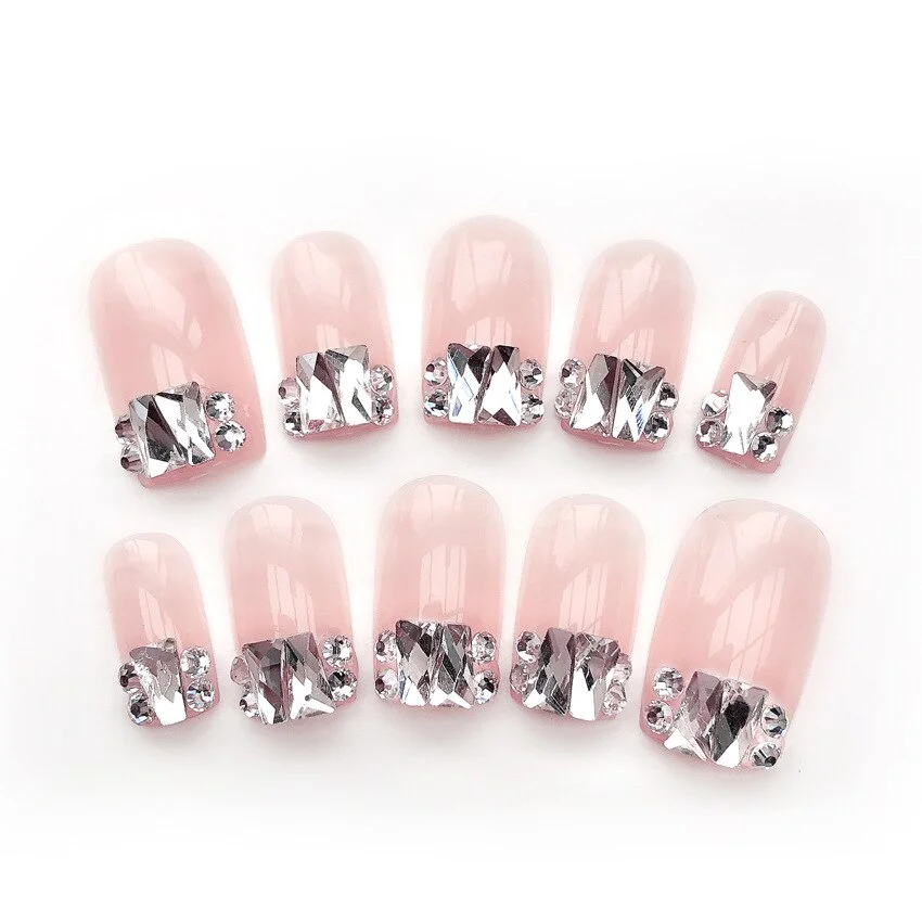 24pcs Sparkling Drill Artificial Nails White Diamond Designs Crystal Rhinestone Full Cover Press on False Nails with Glue-Nail Inspo