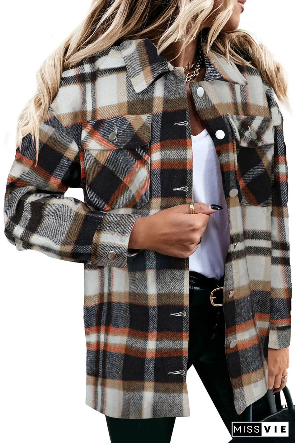 Geometric Plaid Print Pocketed Shirt