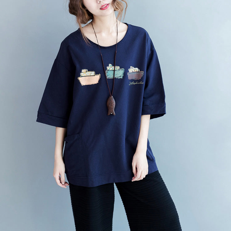 VCSHOES blue cotton blouses for women Fabrics Half sleeve pockets shirts