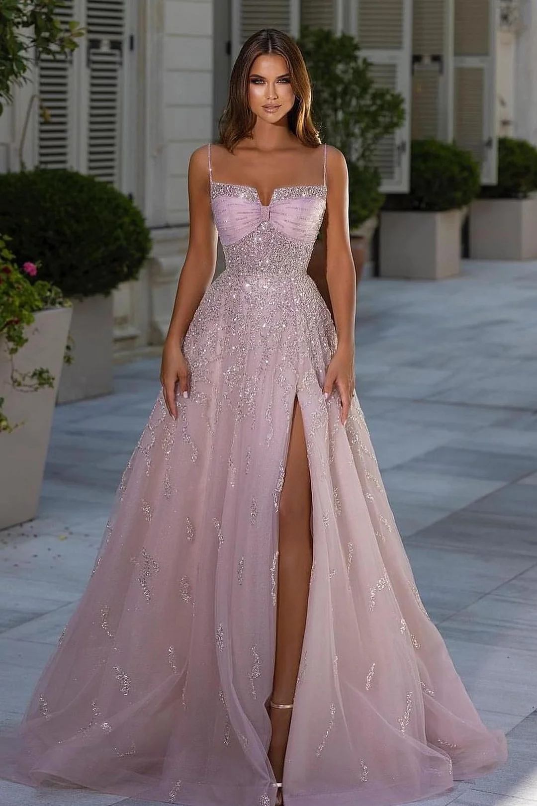 Daisda Shiny Pink Spaghetti Strap A Line Prom Dress Appliques Sleeveless With Split