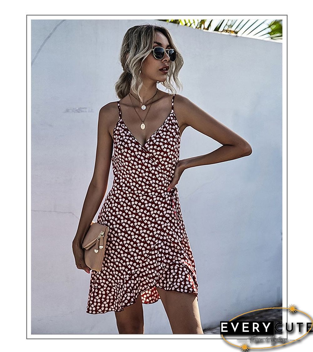 Summer Printing Irregular Ruffled Suspenders Dress Women