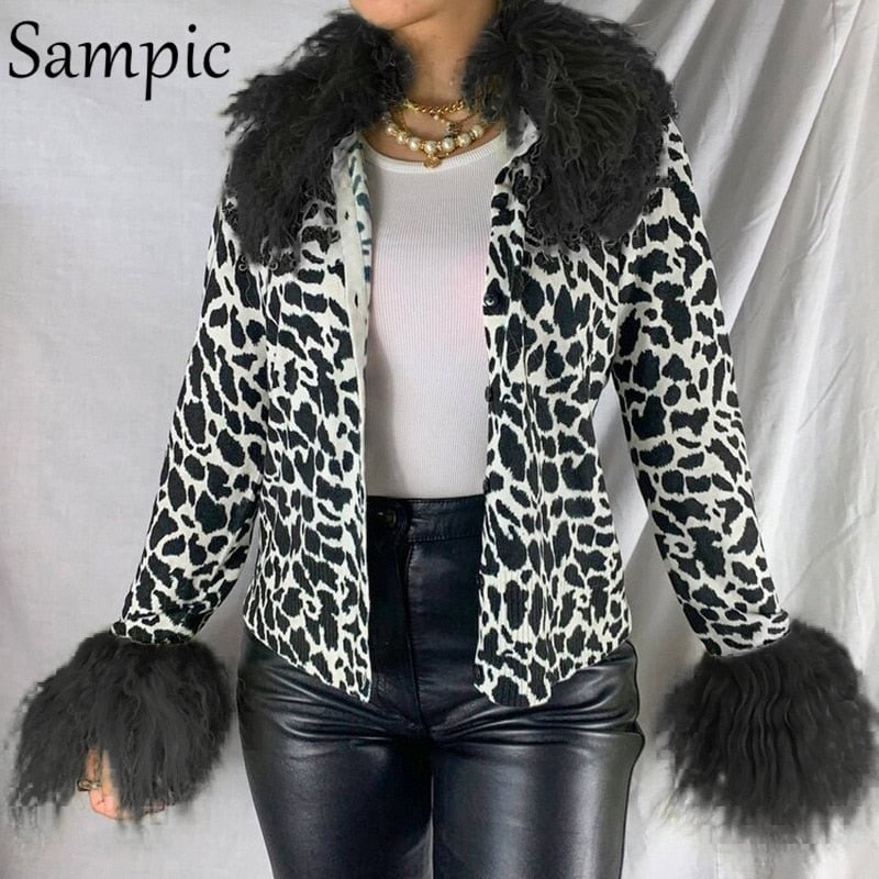 Sampic Casual Women Knitted Ribber Patchwork Leopard Y2K Fashion Cardigans Shirt Tops 2021 Winter Basic Long Sleeve Jacket Coat