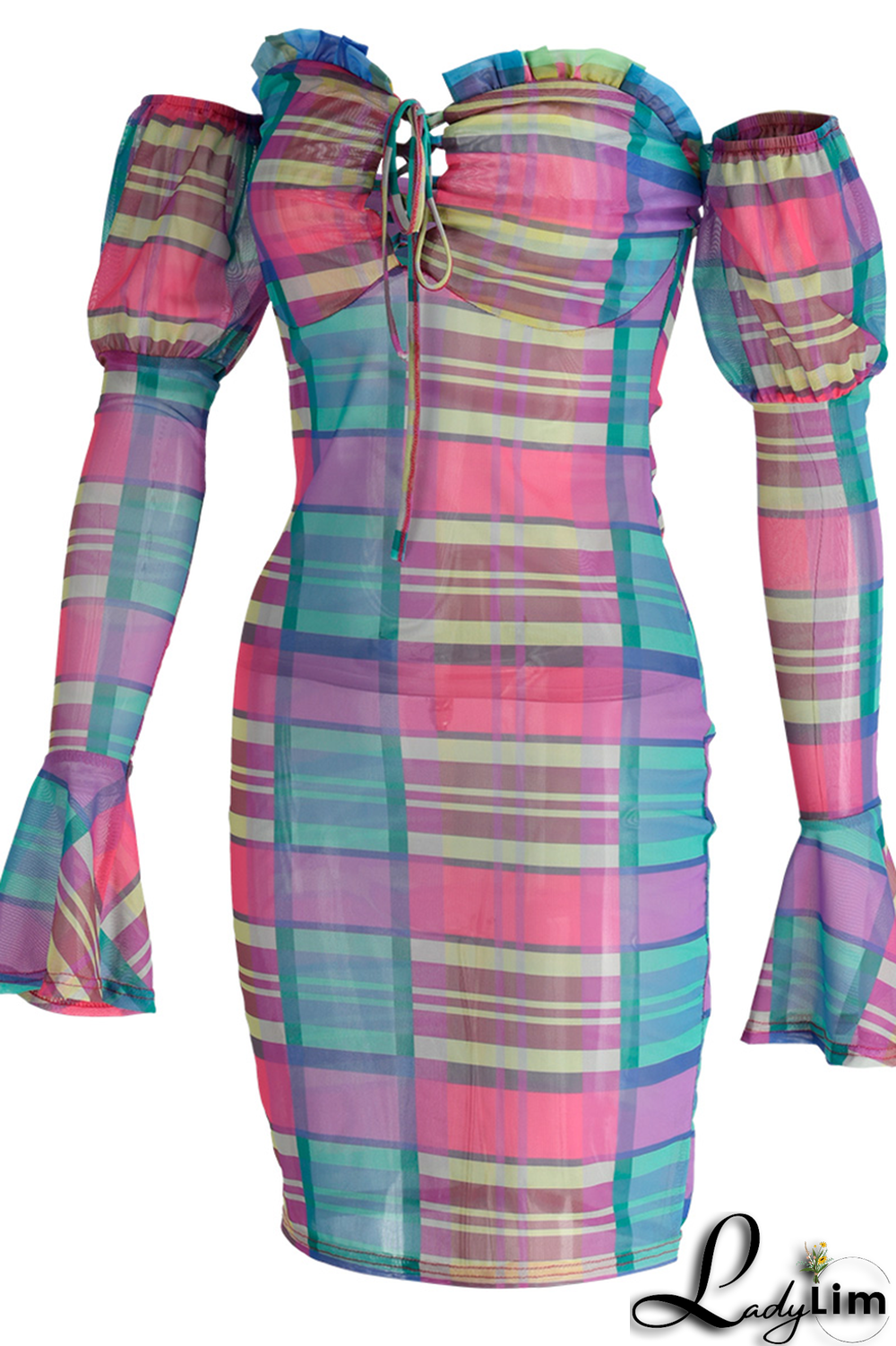 Blue Sexy Plaid Split Joint Off the Shoulder Pencil Skirt Dresses