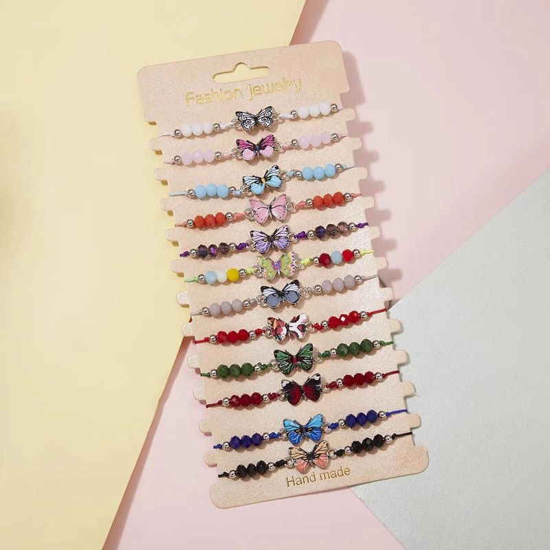 Amazon Hot Sale Multicolor Alloy Butterfly Crystal Beaded Bracelet Fashion Women Temperament Woven Bracelet Set