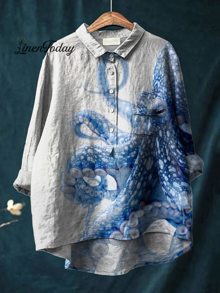 Blue Spotted Octopus Art Printed Women&rsquo;s Casual Cotton And Linen Shirt Multicolor / S