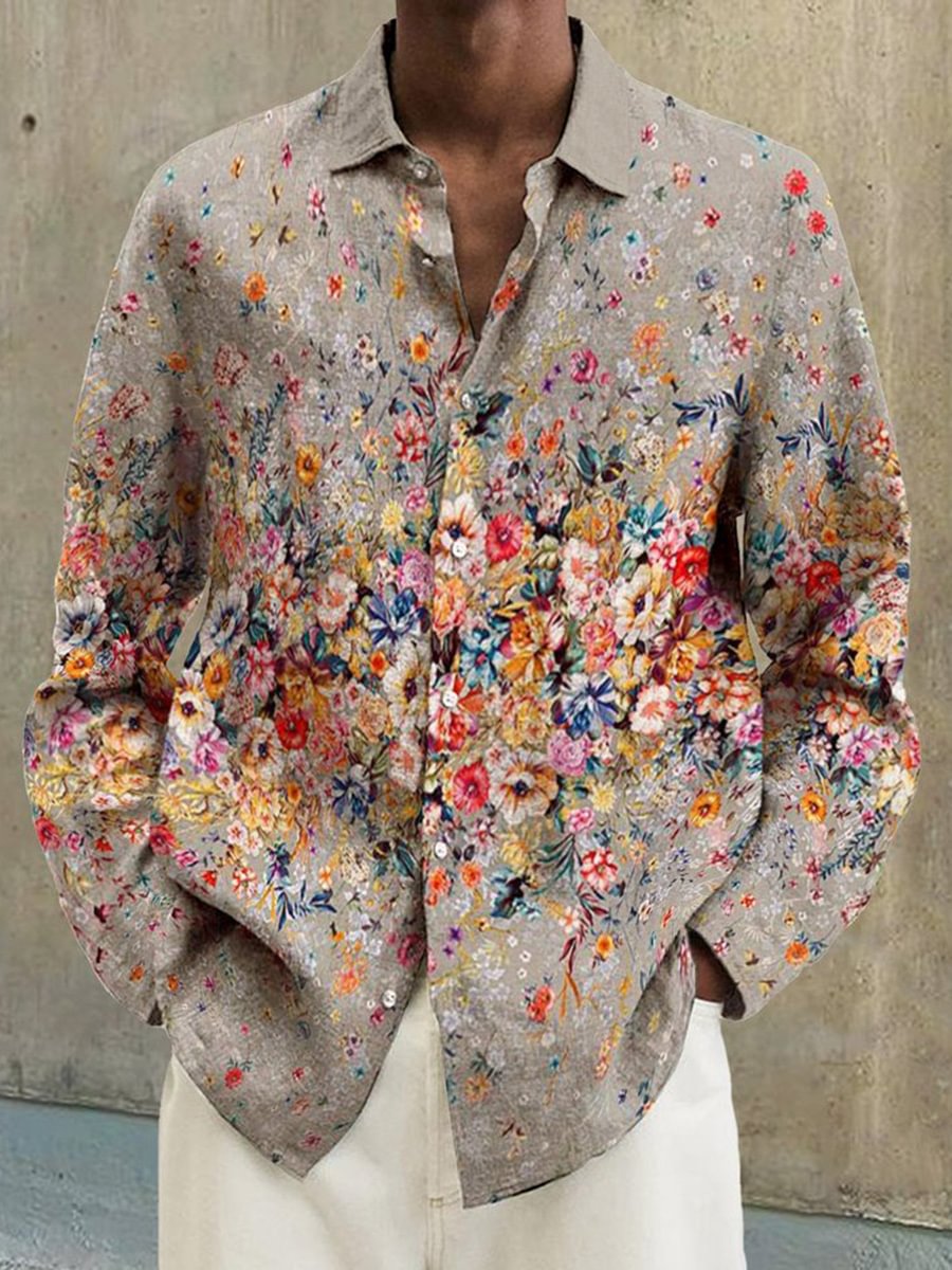 Men's Cotton and Linen Floral Printed Long-Sleeved Shirt