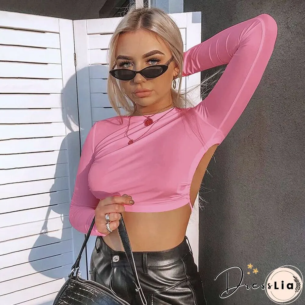 Womens sexy harajuku open back t-shirt long sleeve top crop female summer casual tops