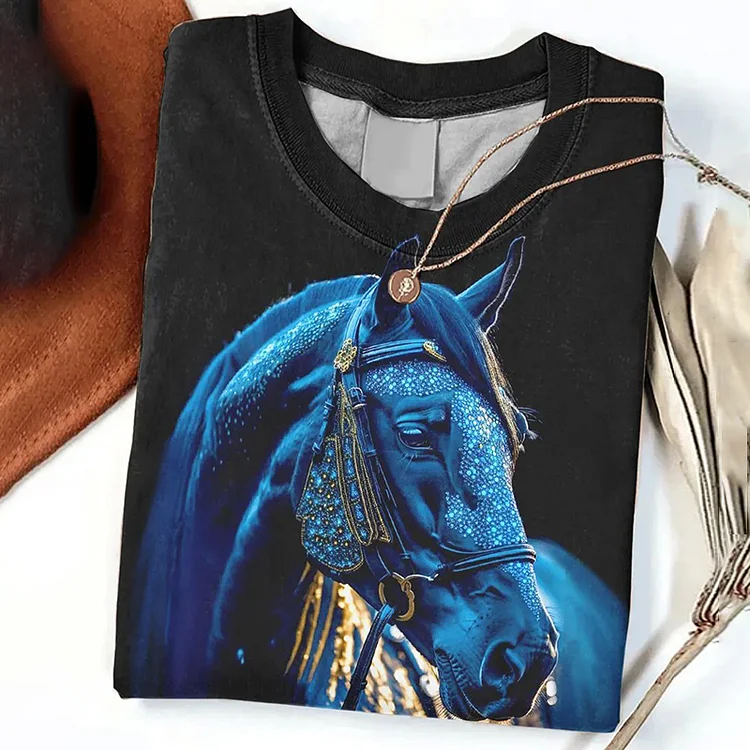 Wearshes Horse Print Long Sleeve Casual T-Shirt