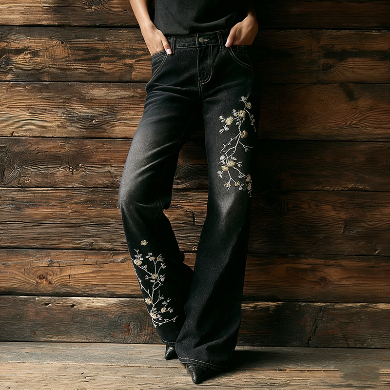 Japanese Art Cherry Blossom Embroidered Washed Flared Jeans wearshes