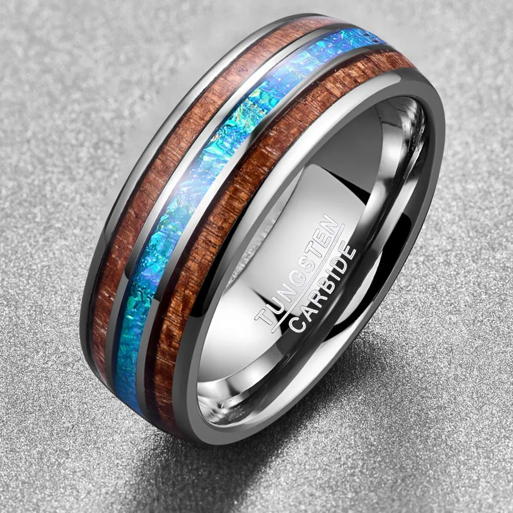 6MM 8MM Tungsten Hawaiian Koa Wood Abalone Shell Imitated Opal Inlay Tungsten Carbide Wedding Bands for Womens Men Comfort Fit